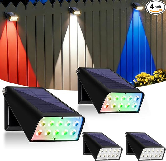 Father's Day Decor Light Gift Solar Fence Lights, 4th of July Outdoor Red Blue White Solar Light Decor Waterproof, Up to 30 Hours Dusk to Dawn Solar Powered Deck Lights for Patio Yard Garden