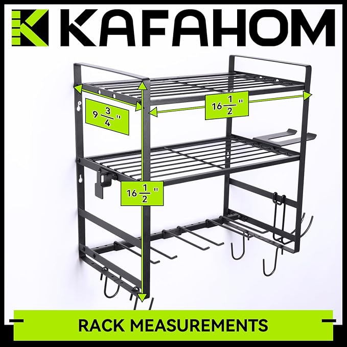 KAFAHOM Leaf Blower and Weed Eater Rack, Lawn Power Tool Organizer Wall Mount, Lawn Tool Storage Rack for Leaf Blower, Weed Eater, Battery, Charger,3-Tier Black
