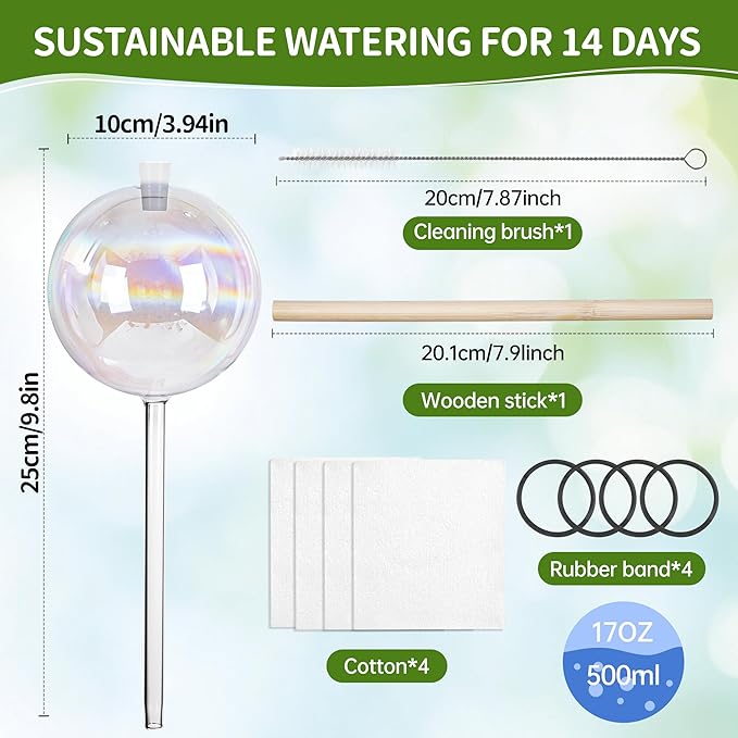 17 oz Up 2 Weeks Extra Large Plant Watering Globes, Self Watering Planter Insert, Iridescent Glass Self Watering Globes, Vacation Plant Watering Devices, Automatic Watering Bulbs (Large 4-Pack)