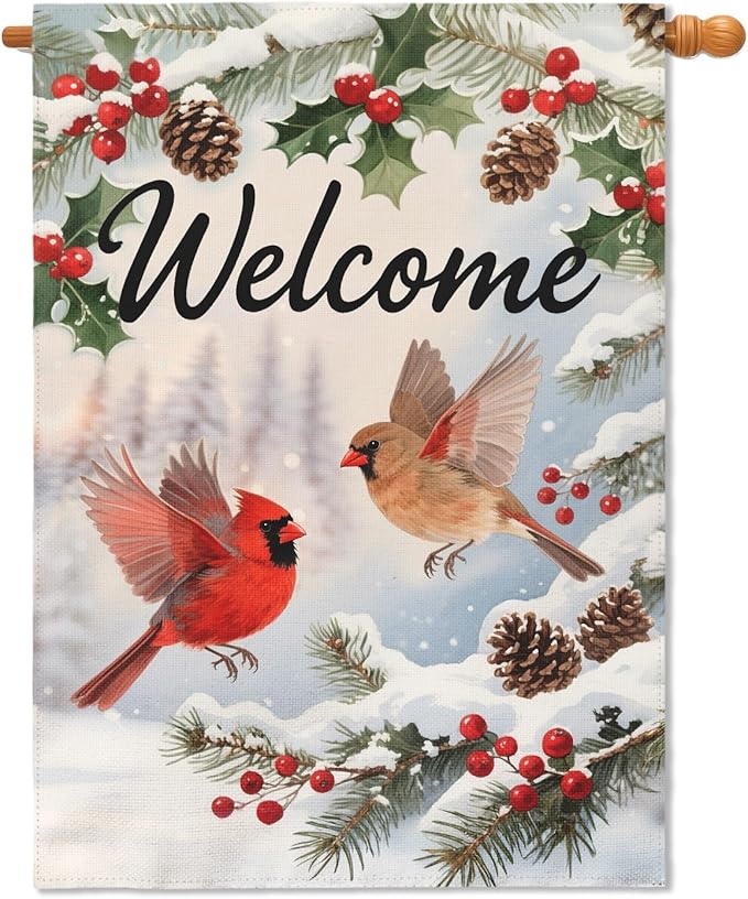 Welcome Winter House Flag 28x40 Inch Cardinal Bird Xmas Holiday Seasonal Theme Decorative Garden Flags for Outside Double Sided Outdoor Home Farmhouse Decoration Porch Yard New Year Decor