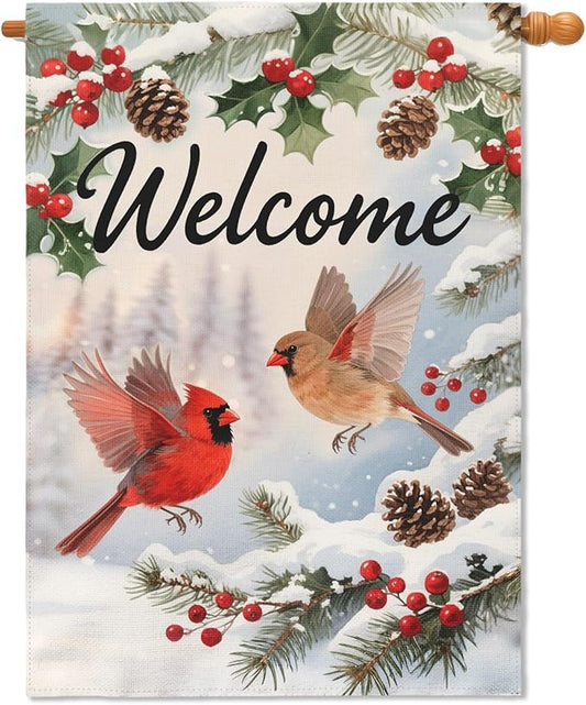 Welcome Winter House Flag 28x40 Inch Cardinal Bird Xmas Holiday Seasonal Theme Decorative Garden Flags for Outside Double Sided Outdoor Home Farmhouse Decoration Porch Yard New Year Decor