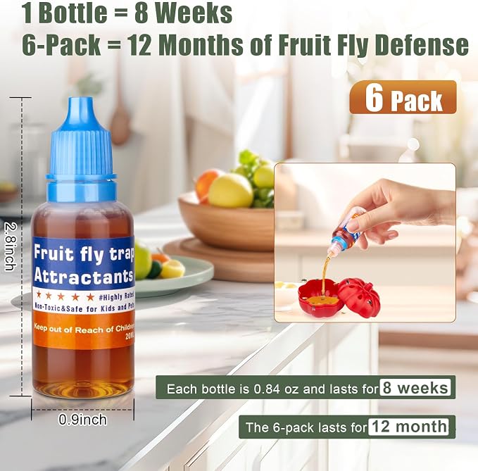 Fruit Fly Trap Refill Liquid, Effective Gnat Killer&Fruit Fly Catcher Bait Refill, Long-Lasting Fruit Scented Ants Attractant for Kitchen Bathroom Living Room Use, Safe Near Food (6 Pack)