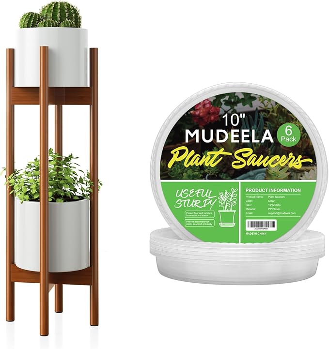 MUDEELA Plant stand dark brown 2 pack or 2 tier and 10" plant saucers 6 pack
