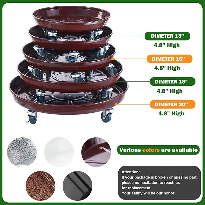 Planterhoma 3 Packs 18 Inch Metal Plant Caddy with Wheels Extra-large Rolling Plant Stand Heavy-duty Iron Plant Dolly Casters for Indoor Outdoor Flower Pot Mover Roller Coasters, Dark coffee