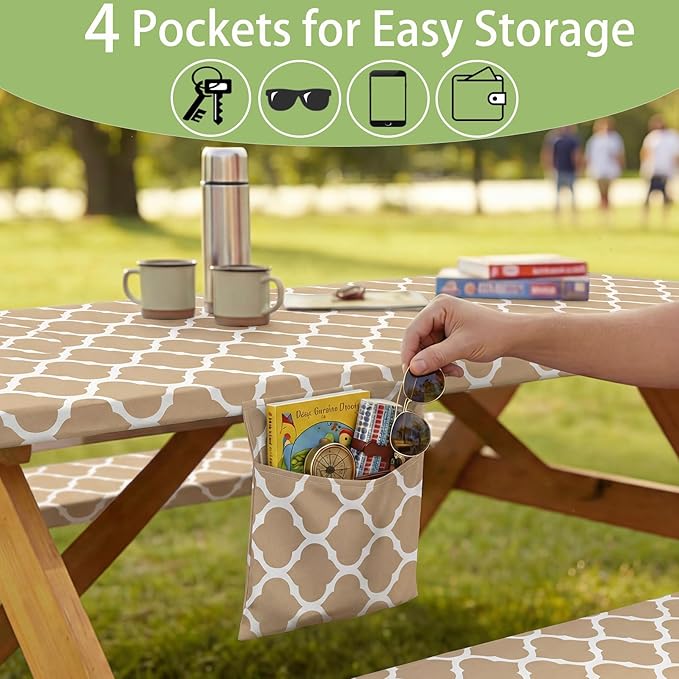 Fitted Waterproof Picnic Table Cover with Bench Covers Elastic Edges Camping Tablecloth for 6 Foot Rectangle Tables Camp Cooking Motorhome Party Equipment Car Rv Travel Trailer Needs Gifts