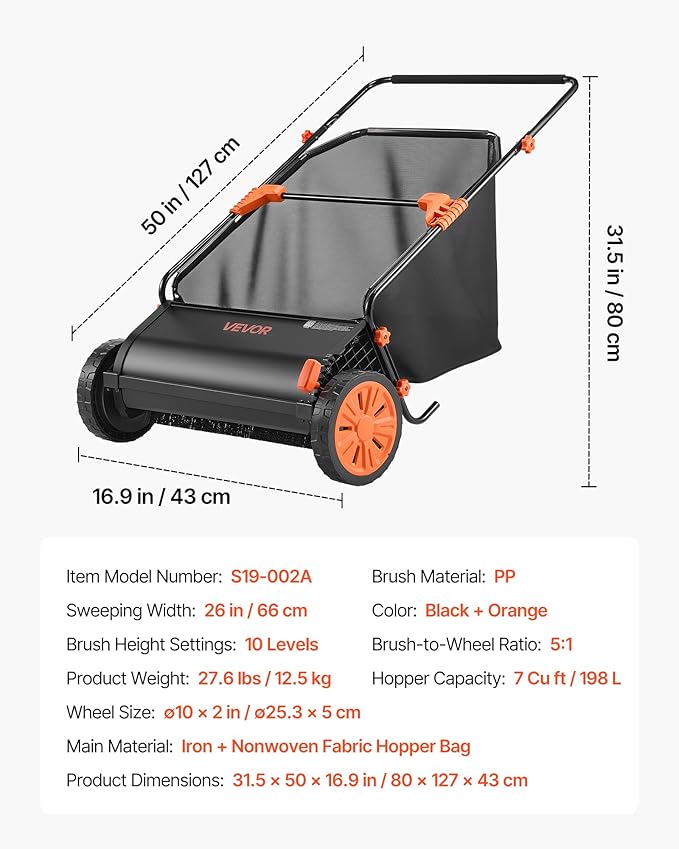 VEVOR Push Lawn Sweeper, 26 in Leaf & Grass Collector with 7 cu. ft. Hopper Bag, Adjustable Brush Height & Spinning Brushes, Heavy Duty Yard Sweeper with Rubber Wheels for Leaves Grass Cleanup