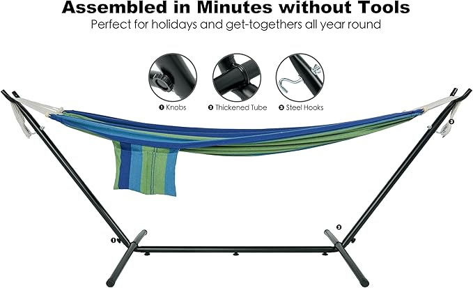 Gafete Double Hammock with Stand for Outside, Upgraded Spreader Bar, Heavy Duty Space Saving Steel Stand 2 Person, Side Pockets, Easy Assembly, 600lbs Weight Capacity, Indoor & Outdoor (Green Blue)