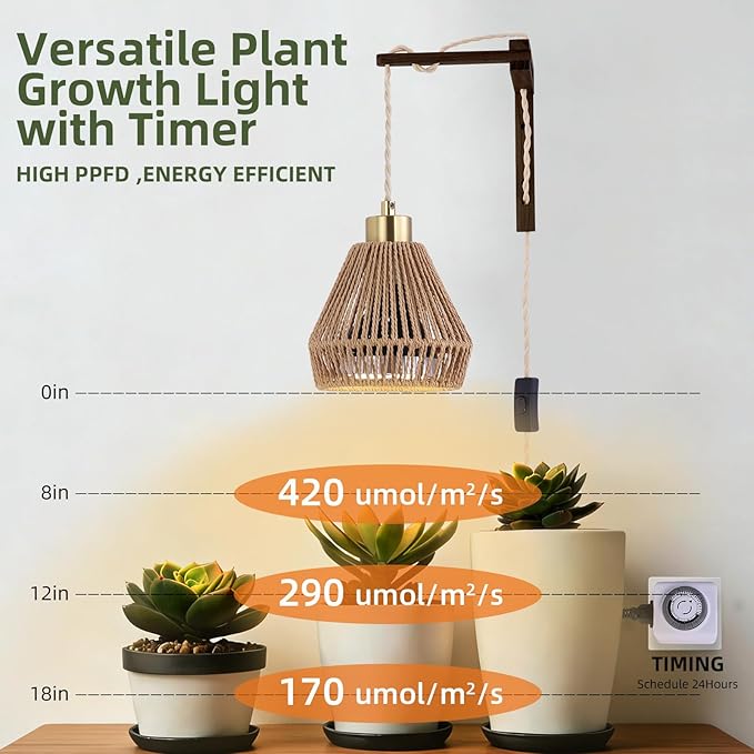 Hanging Grow Lights for Indoor Plants - 35W 4000K Full Spectrum Plant Light, Wall Mounted Grow Light with Wooden Bracket, Timer, 15FT Power Cord, Ideal for Plants, Flowers & Home Decor
