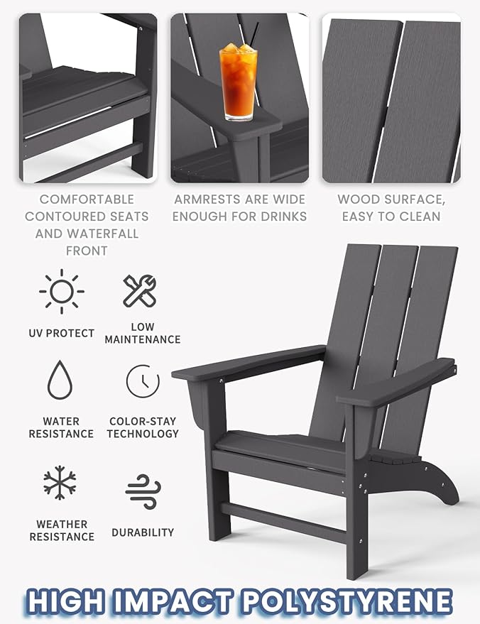 Modern Adirondack Chairs Set of 8, HDPE Plastic Patio Chairs for All Weather, Fire Pit Chair, Outdoor Lawn Chairs for Deck, Porch, Backyard, Garden, Slate Gray