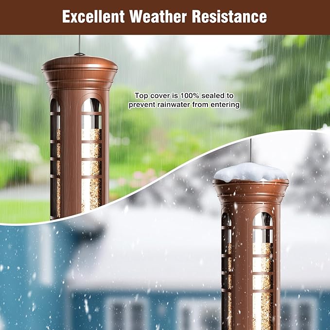 Squirrel Proof Bird Feeder for Outdoors, 360° Weight-Sensitive Activation, Removable Base for Easy Cleaning, 3 Lbs Capacity, 4 Feeding Ports, Tube Metal Bird Feeder for Cardinals, Finches
