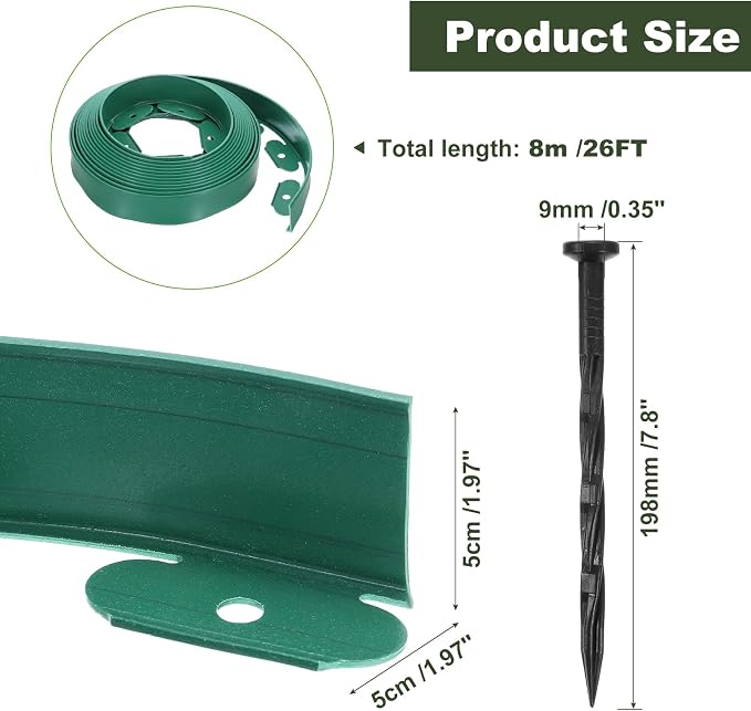 uxcell Landscape Edging, 1Pcs 26FT x 2" - Garden Edging Kit with 24 Stakes, Landscape Edging Border for Garden Lawn Flower Bed Yard Grass (Green)