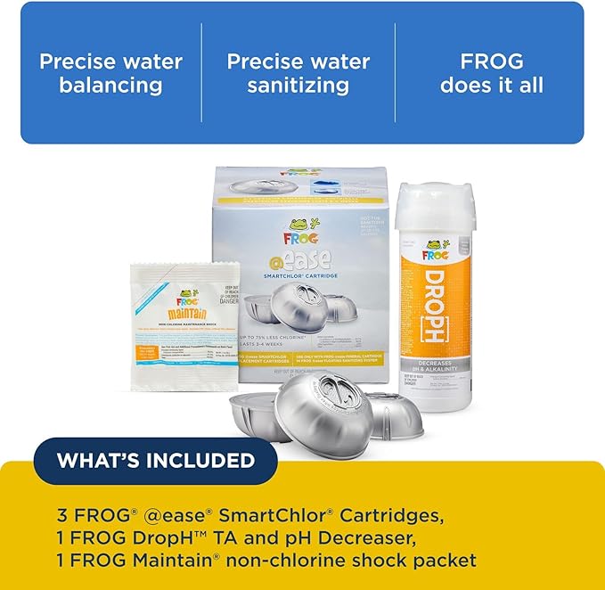 FROG @Ease Replacement SmartChlor Cartridge 3 Pack with pH and Total Alkalinity Decreaser & 1 Pack of Maintain for use with Hot Tub FROG @Ease Floating System