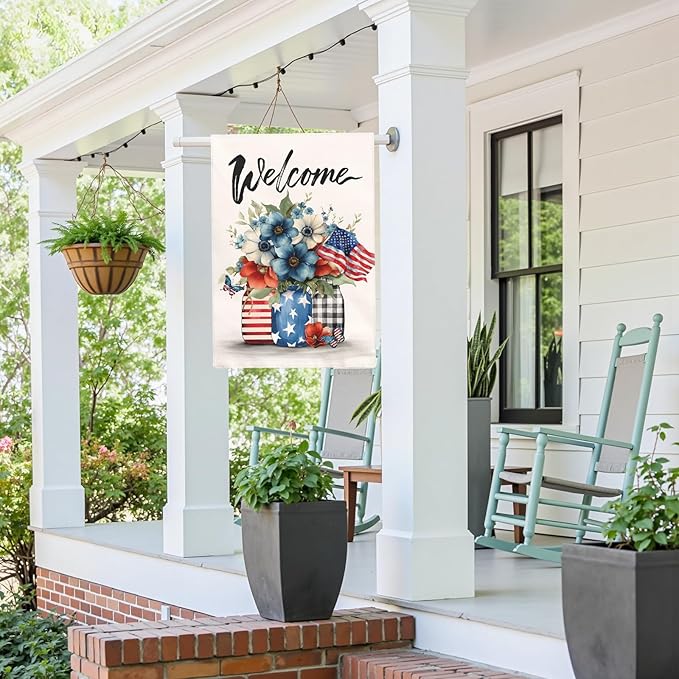Patriotic Fourth of July House Flag Welcome Red White and Blue Mason Jar Flowers Garden Flags American Flag Floral Farmhouse Outdoor for Independence Day Memorial Day Veterans Day 28 x 40 Inch
