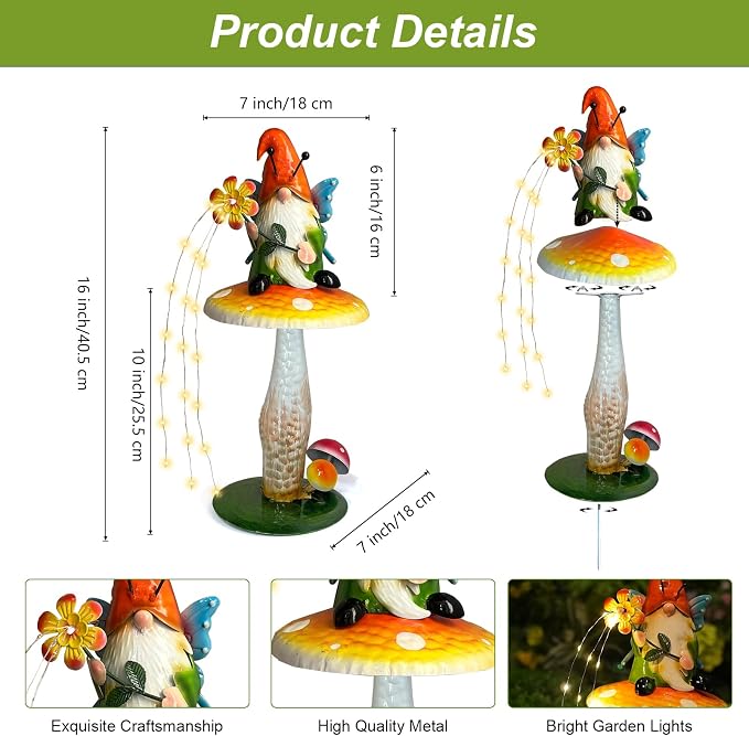 HONGLAND Solar Garden Gnome Figurine, Waterproof Outdoor Mushroom Decor with Solar Outdoor Lights for Yard, Patio, Lawn Ornaments, Ideal Gifts for Mom Grandma Women, Housewarming Gifts-16.5"
