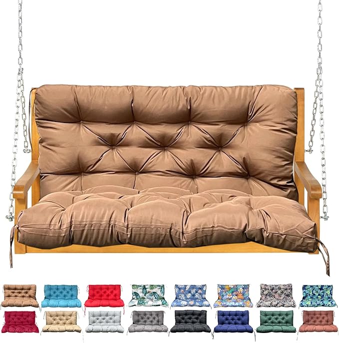 Porch Swing Cushion with Backrest,Waterproof Bench Cushion for Outdoor Furniture,2-3 Seater Replacement Thickened swing cushion with Ties,Patio,Outdoor,Backyard and Garden (Light Coffee,40x40")