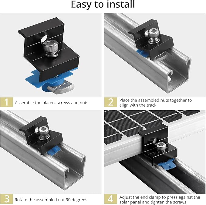 Anbte 20pcs Solar Panel End Clamp for Standard Unistrut, Aluminum 30mm/35mm Solar Panel Brackets with Nuts Bolts, Solar Panel Mounting Kit for Metal Roof, Tin Roof, Flat Roof, Sheet Roof, RV, Black