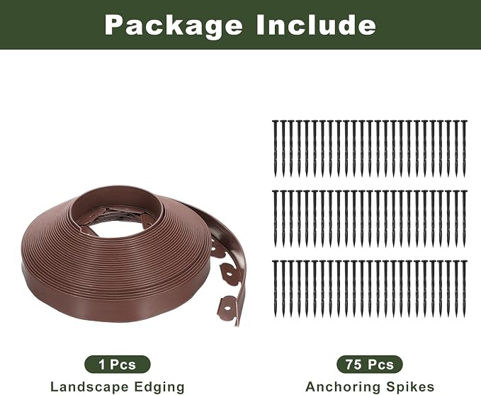 uxcell Landscape Edging, 1Pcs 80FT x 2" - Garden Edging Kit with 75 Stakes, Landscape Edging Border for Garden Lawn Flower Bed Yard Grass (Brown)