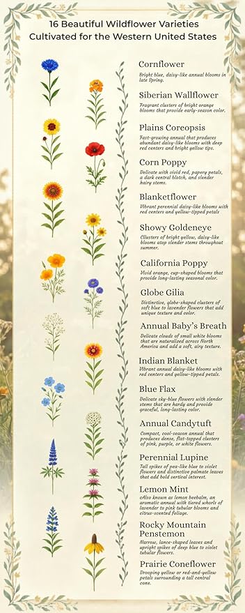 Western U.S. Regional Wildflower Seed Mix, 1/4 lb Covers 800 sqft, Multi-Color Annual and Perennial Non-GMO Blooms, Spring and Fall Planting (1/4 Pound)