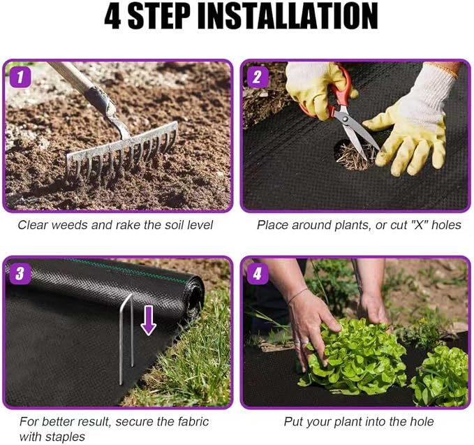 4FT x 100FT 3.2oz Heavy Duty Weed Barrier Landscape Fabric – Premium Woven Ground Cover for Gardening, Farming & Driveways, Breathable Weed Control Cloth with 10 U-Shaped Securing Pegs