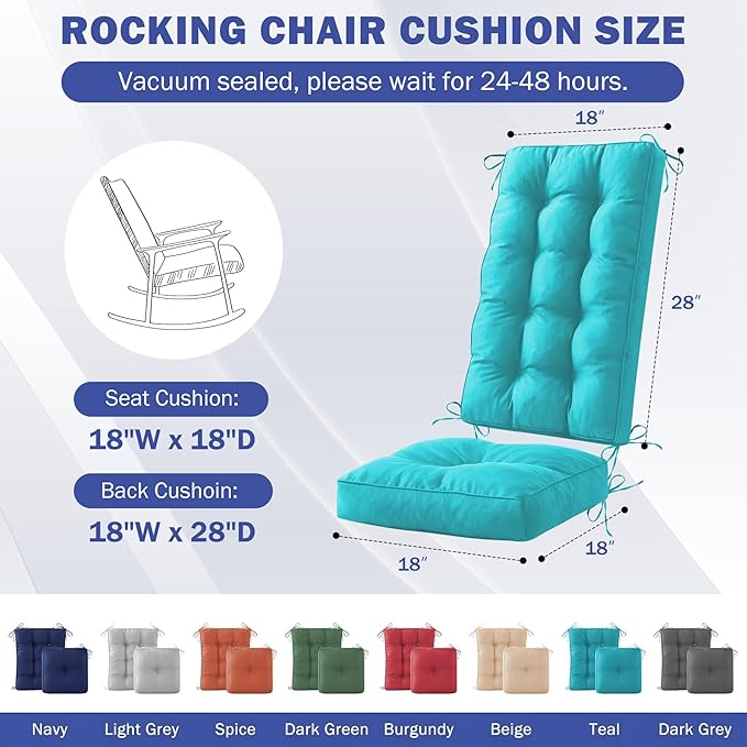 IPYNBAP Rocking Chair Cushion, Waterproof and Fade-Resistant Patio Chair Cushions, Tufted Chair Pads for Rocker Furniture, 18x18 Inch, Indoor/Outdoor Seat Cushions with Ties, Teal Blue