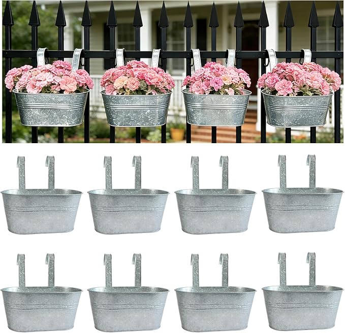 Balcony Galvanized Hanging Planters Railing Flower Pots, Outdoor Metal Fence Planter Pot with Detachable Hooks Drain Hole for Garden Patio Yard Decor (10 Inch, 8Pcs)