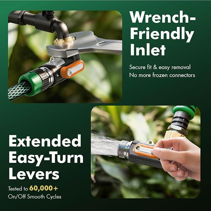 Restmo 90 Degree Hose Elbow with Shut Off Valves, Heavy Duty Full Metal One-Piece Body & Brass Widened Inlet & Outlet for RV, Garden, Spigot, Extended Handle, Universal 3/4” GHT Fit, Orange, 1 Pack