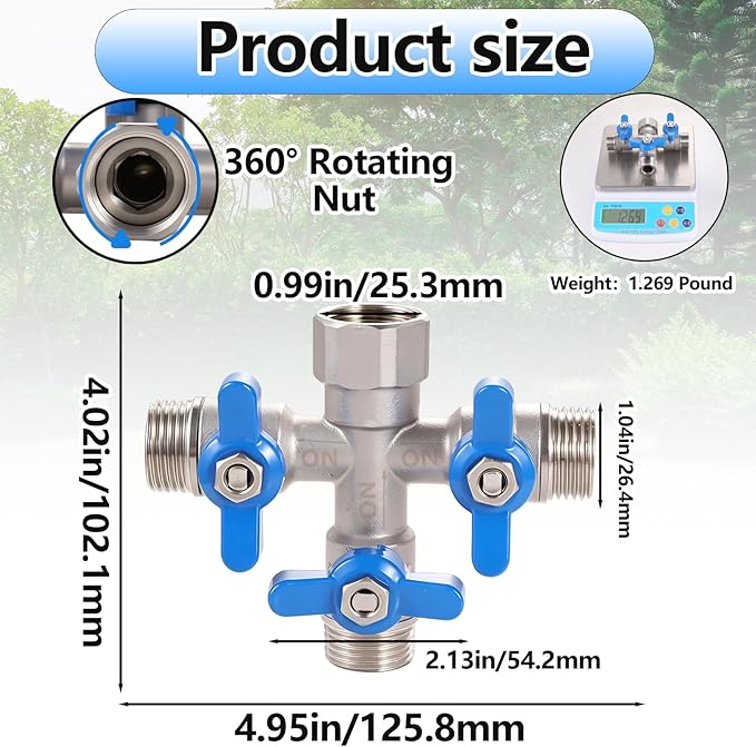 304 Stainless Steel Garden Hose Splitter 3 Way Heavy Duty, Full Flow Hose T Splitter with Long Handle,Lead-free T Valve Water Garden Hose Adapter,3/4" GHT Threads