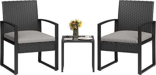 Garvee 3 Pieces Patio Bistro Set, PE Rattan Patio Conversation Set with Tempered Glass Coffee Table, Outdoor Wicker Furniture for Patio Garden Balcony Backyard, Black and Grey