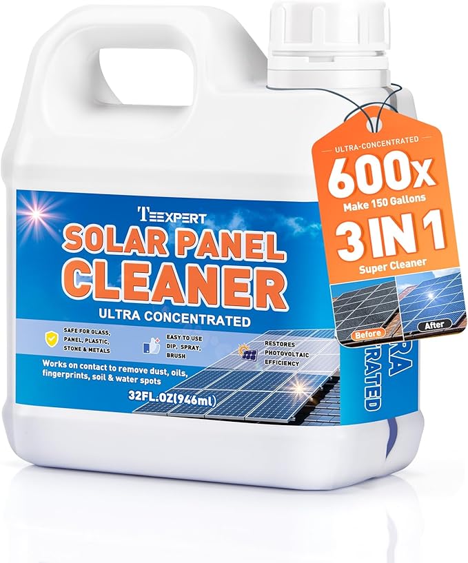 Teexpert Solar Panel Cleaner (32oz Makes 150 Gallons), Ultra Concentrated Glass & Solar Panel Cleaning, Pro Streak-Free Ultra Quick Dry Remove Dirt, Dust, Droppings, Oils, Fingerprints & Water Spots
