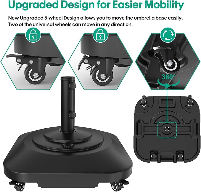 QZER Umbrella Base with 5 Wheels, Upgraded 145lb Umbrella Stand Base, Heavy Duty & Windproof, Fillable Umbrella Base Mobile Umbrella Outdoor for Patio, Deck, Poolside, Lawn, Fits Most Sized Umbrellas