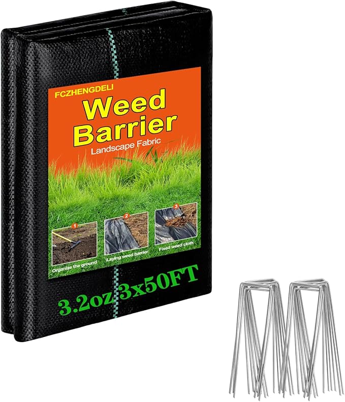 Heavy Duty Weed Barrier, 3.2oz Thick Geotextile Landscape Fabric 3ft x 50ft with 20 U-Shaped Stakes, Commercial Grade Weed Block Ground Cover, Black