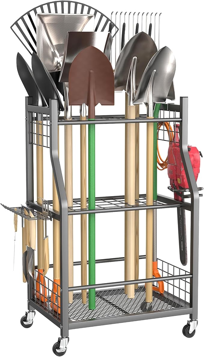 TORACK Garden Tool Organizer with Wheels, Rakes Shovels Yard Tools Stand for Garage, Shed, Garden, Indoor/Outdoor Long-Handled Tools Cart(Mid-size)