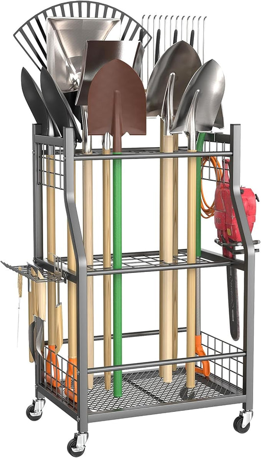 TORACK Garden Tool Organizer with Wheels, Rakes Shovels Yard Tools Stand for Garage, Shed, Garden, Indoor/Outdoor Long-Handled Tools Cart(Mid-size)