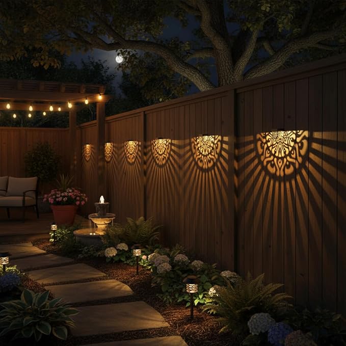 6 Pack Solar Fence Lights Outdoor Wall Lights Plastic Solar Powered Deck Step Stair Lights Mandala Theme Waterproof Fence Solar Light for Garden Post Patio Yard Decor, Gardening Gifts for Women Mom