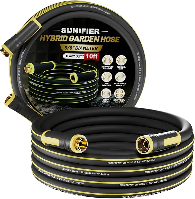 Hybrid Rubber Garden Hose 5/8 Inch, 10 ft Heavy Duty Kink-Free Water Hose, 3-Layer Reinforced, 600 PSI Burst Pressure, Water Safe, All-Weather Flexible Hoses for Yard, Lawn (Black,10 ft)