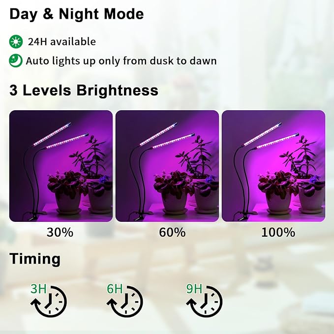 Solar Grow Lights with Batteries, 2 Heads Clip Plant Growing Lamp with Red Blue Spectrum for Indoor Plants, 3/9/12H Timer, 3 Dimmable Level, Adjustable Gooseneck,3 Switch Modes, Auto On Off