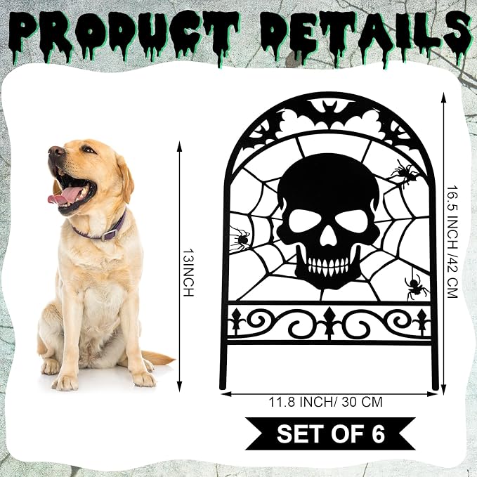 Yaocom 6 Pack Halloween Skull Fence Outdoor Decoration Spooky Graveyard Fence for Halloween Yard Party Decor, Black Metal Decorative Garden Stake Yard Sign for Lawn Porch, 16.5''h x 11.8''w