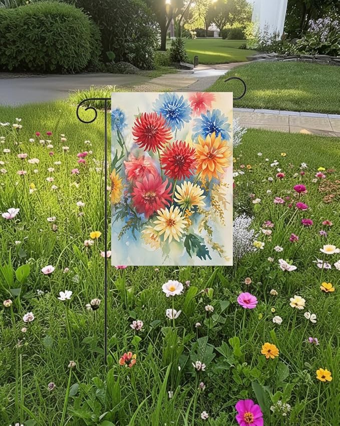 Seasonal Watercolor Summer Spring Floral Flowers Colorful Dahlias Garden Yard Flag 12 x 18 Inch, Double Sided Outdoor Decorative Welcome flags Banners for Home House Lawn Patio