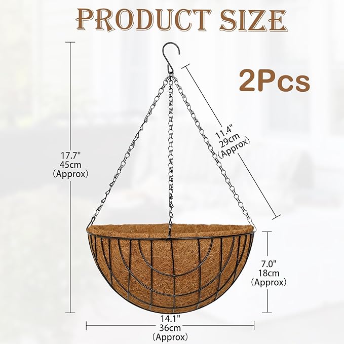 14 Inch Metal Hanging Basket with Coco Coir Liner for Flowers Planting, 4 Pack Hanging Baskets for Plants Outdoor, Mesh Grid Round Wire Planters with Chain for Home Patio Porch Balcony Garden Decor