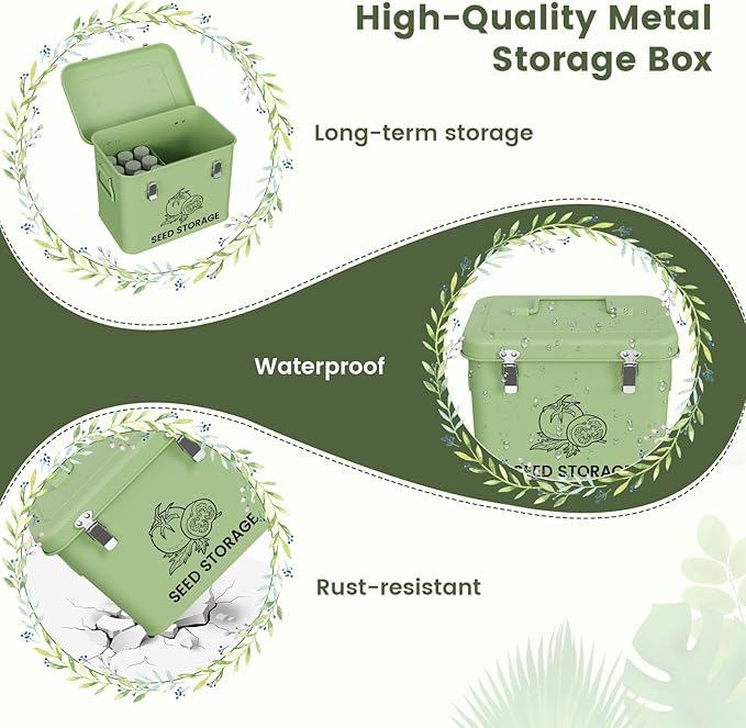 Seed Storage Organizer Box, Metal Seed Box, Garden Seed Organizer with Lid, Seed Containers Storage with 3 Compartments, 30 Seed Holder Organizers, 50pcs Seed Envelopes (Green)