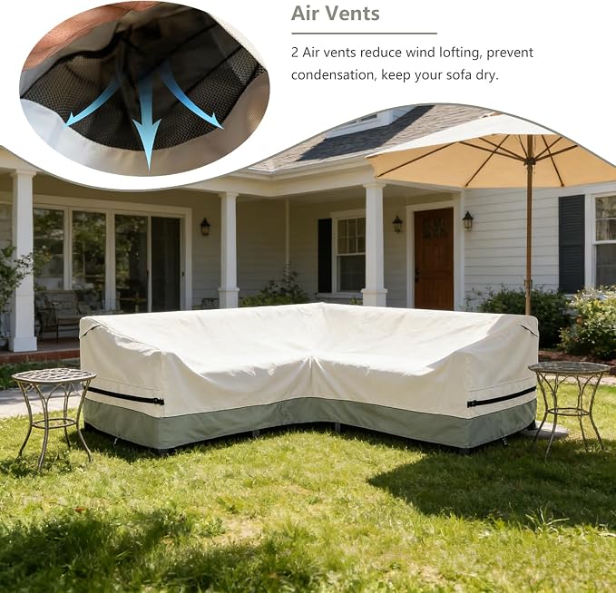okcool Outdoor Sectional Cover,V-Shaped Patio Furniture Covers for 7-Seater Outdoor Sectional Furniture Couch（105''X105''）,White&Grayish Green
