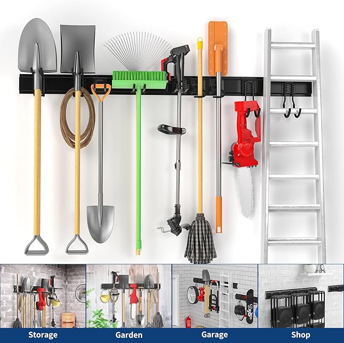 64" Ailadl Wall Mount Tool Storage Rack, 15 PCS Heavy Duty Steel Yard Garden Tool Organizer, Garage Tool Organizer Wall Mounted Storage System Hold Up to 550lbs, with 2 Extension Cord