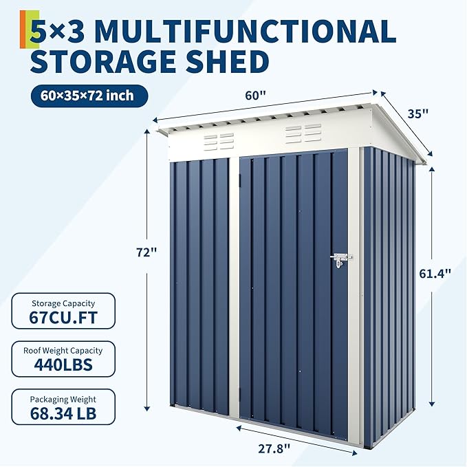 5x3 ft Outdoor Storage Shed with Lockable Door – Heavy Duty Metal Tool Shed with Dual Ventilation & Sloping Roof for Backyard, Garden, Patio, Bike & Equipment, Navy