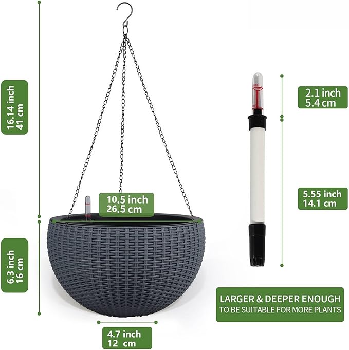 Dexceder 10.5 Inch Self Watering Hanging Planter (Gray) | Thickened Large Hanging Basket Flower Plant Pot with Water Level Indicator Indoor Outdoor