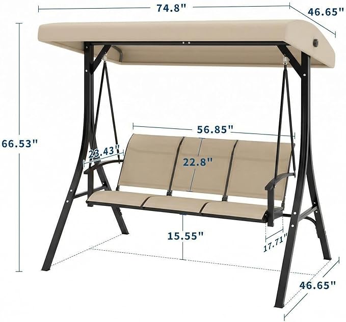 GarveeLife 3-Seat Patio Swing Chair, Outdoor Porch Hanging Chairs with Adjustable Canopy and Armrests, Breathable Textilene Fabric Seat & Backrest, Swing Bench for Garden, Poolside, Backyard, Beige