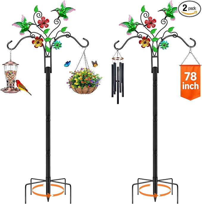 Double Shepherds Hooks for Outdoor, 2 Pack 78 Inch Bird Feeder Pole with 5 Prongs Base, Adjustable Heavy Duty Plant Hangers Hummingbird Art for Outdoor Plants Hummingbird Feeder Hanging Basket Lantern