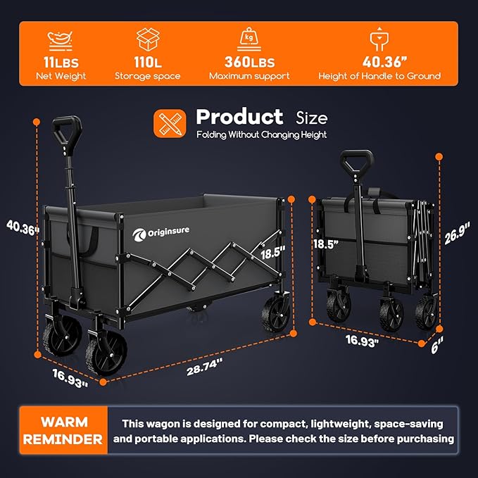Originsure Collapsible Wagon Cart Foldable - Lightweight Portable Heavy Duty Folding Beach Wagons with Wheels - Outdoor Utility Carts for Grocery, Camping, Shopping, Sports with Large Capacity - Grey