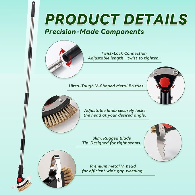 3-in-1 Heavy Duty Crack Weeder Tool, 59" Adjustable Long Handle, Stainless Steel Crevice Weed Puller and Moss Remover for Driveway, Patio, Sidewalk, Pavers and Deck Cracks