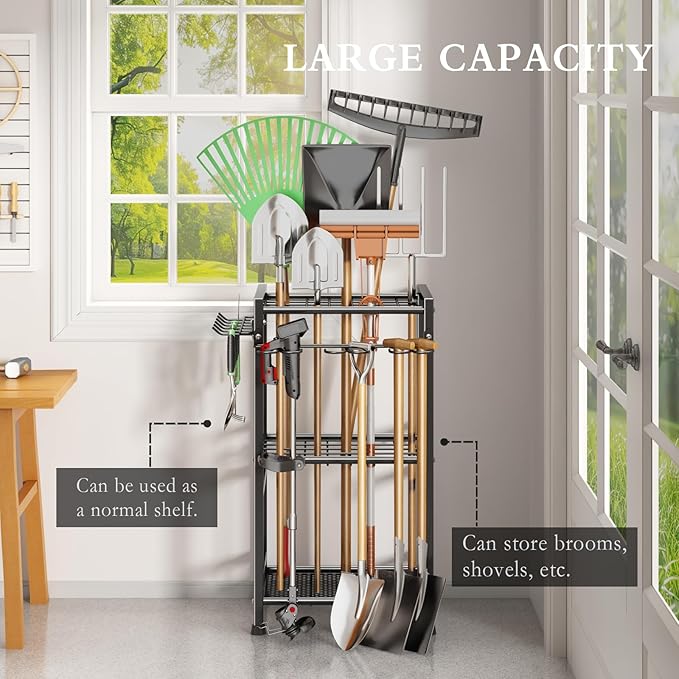 CICUFY Garden Tool Organizer Storage Metal Yard Tool Organizer Heavy Duty Garden Tool Rack Stand with Extra Hooks, Up To 35 Long Handled Shovels/Rakes/Brooms Holder for Garage,Shed,Outdoor(Black)