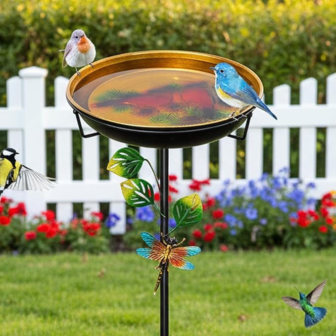 Metal Bird Bath for Outside, Freestanding Garden Birdbaths & Birdfeeder with Upgraded 5 Prongs Base, 35.4In Bird Baths Feeder Water Bowl for Outdoors Patio Yard Lawn Art Decor (Orange-Yellow)